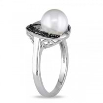 Pearl Swirl Ring w/ White & Black Diamonds 14k White Gold 8-8.5mm