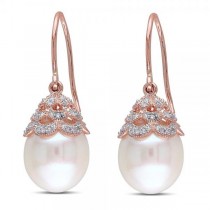 Freshwater Pearl Earrings w/ Diamond Accents 14k Rose Gold 10.5-11mm