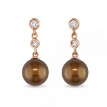 Chocolate Tahitian Pearl & Diamond Drop Earrings 14k Rose Gold 8.5mm