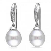 White South Sea Pearl & Diamond Drop Earrings 14k White Gold 8.5-9mm