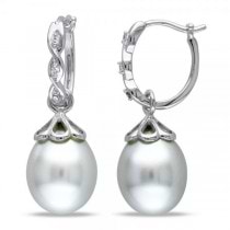 White South Sea Pearl Drop Earrings w/ Diamonds 14k W Gold 9-9.5mm