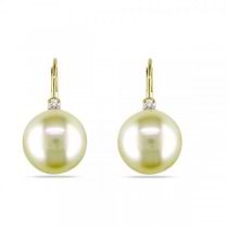 Golden South Sea Pearl Earrings w/ Diamond Accents 14k Y. Gold 9-10mm