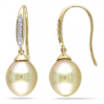 Golden South Sea Pearl & Diamond Drop Earrings 14k Yellow Gold 8.5-9mm
