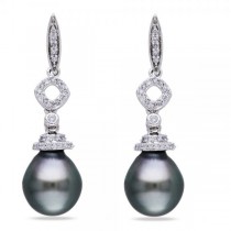 Black Tahitian Pearl & Multi Diamond Earrings 14k White Gold 9-9.5mm