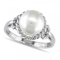 Ladies Cultured Freshwater White Pearl Ring, Rope Design 14k W. Gold