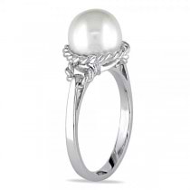 Ladies Cultured Freshwater White Pearl Ring, Rope Design 14k W. Gold