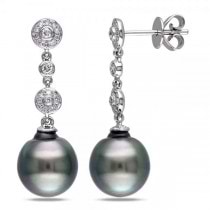 Black Tahitian Pearl & Diamond Drop Earrings 14k W. Gold 9-9.5mm