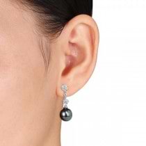 Black Tahitian Pearl & Diamond Drop Earrings 14k W. Gold 9-9.5mm