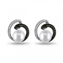 Pearl Swirl Earrings w/ White & Black Diamonds 14k White Gold 8-8.5mm
