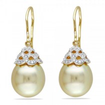 Golden South Sea Pearl & Diamond Drop Earrings 14k Y. Gold 10.5-11mm