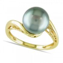 Round Black Tahitian Pearl Bypass Ring in 14k Yellow Gold 8-8.5mm