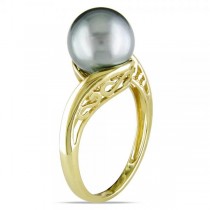 Round Black Tahitian Pearl Bypass Ring in 14k Yellow Gold 8-8.5mm