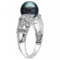 Black Tahitian Pearl & Diamond Vintage Ring 14k White Gold 9-9.5mm