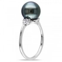 Black Tahitian Pearl Ring Diamond Accented 14k W. Gold 8-8.5mm