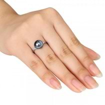 Black Tahitian Pearl Ring Diamond Accented 14k W. Gold 8-8.5mm