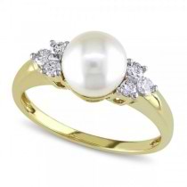 Akoya Pearl Ring w/ Diamond Accents 14k Yellow Gold 7-7.5mm