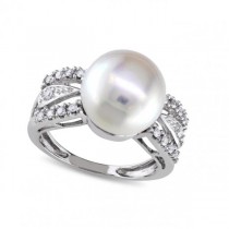 Freshwater Pearl Engagement Ring w/ Diamonds 14k W. Gold 10-10.5mm