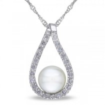 Tear Drop Diamond Pendant w/ Freshwater Pearl 14k White Gold 6.5-7mm