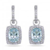 Cushion Cut Aquamarine & Diamond Drop Earrings 14k White Gold (4.30ct)