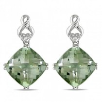 Diamond & Cushion Cut Green Amethyst Drop Earrings 14k W. Gold 8.00ct