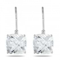 Cushion Cut White Topaz & Diamond Drop Earrings 14k White Gold 10.50ct