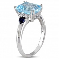 Swiss Blue Topaz, Sapphire & Diamond Ring 14k White Gold (4.40ct)
