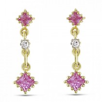 Cushion Cut Pink Sapphire Diamond Dangle Earrings 14k Y. Gold 0.50ct