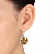 Cushion Cut Citrine Halo Diamond Drop Earrings 14k Yellow Gold 21.90ct
