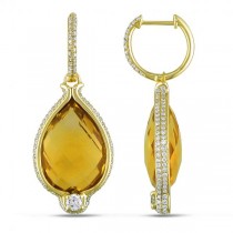 Pear Shaped Citrine & Diamond Drop Earrings 14k Yellow Gold (17.90ct)
