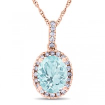 Aquamarine & Halo Diamond Pendant Necklace in 14k Rose Gold 2.00ct