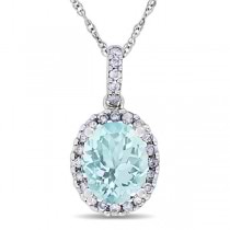 Aquamarine & Halo Diamond Pendant Necklace in 14k White Gold 2.00ct