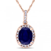 Lab Blue Sapphire & Halo Diamond Pendant Necklace 14k Rose Gold 2.90ct
