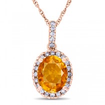 Citrine & Halo Diamond Pendant Necklace in 14k Rose Gold 2.00ct