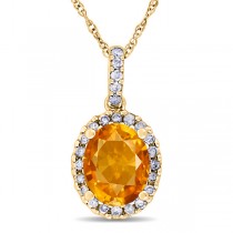 Citrine & Halo Diamond Pendant Necklace in 14k Yellow Gold 2.00ct
