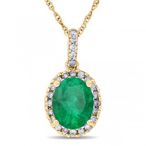 Lab Emerald & Halo Diamond Pendant Necklace 14k Yellow Gold 2.14ct