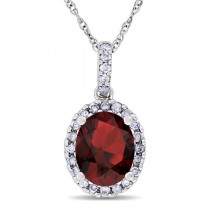 Garnet & Halo Diamond Pendant Necklace in 14k White Gold 2.34ct