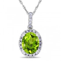 Peridot & Halo Diamond Pendant Necklace in 14k White Gold 2.24ct