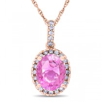 Lab Pink Sapphire & Halo Diamond Pendant Necklace 14k Rose Gold 2.44ct