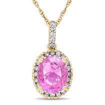Lab Pink Sapphire & Halo Diamond Pendant Necklace 14k Yellow Gold 2.44ct