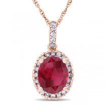 Ruby & Halo Diamond Pendant Necklace in 14k Rose Gold 2.44ct