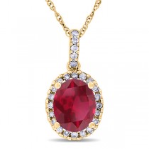 Ruby & Halo Diamond Pendant Necklace in 14k Yellow Gold 2.44ct