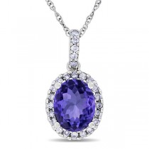 Tanzanite & Halo Diamond Pendant Necklace in 14k White Gold 2.44ct