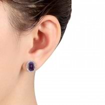 Oval Lab Alexandrite & Halo Diamond Stud Earrings 14k Rose Gold 3.92ct