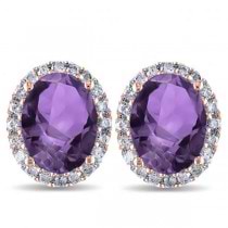 Oval Amethyst & Halo Diamond Stud Earrings 14k Rose Gold 3.92ct
