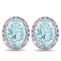 Oval Aquamarine & Halo Diamond Stud Earrings 14k Rose Gold 3.92ct
