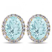 Oval Aquamarine & Halo Diamond Stud Earrings 14k Yellow Gold 3.92ct