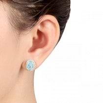Oval Aquamarine & Halo Diamond Stud Earrings 14k Yellow Gold 3.92ct