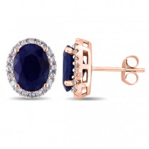Oval Blue Sapphire & Halo Diamond Stud Earrings 14k Rose Gold 5.70ct