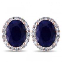 Oval Blue Sapphire & Halo Diamond Stud Earrings 14k Rose Gold 5.70ct