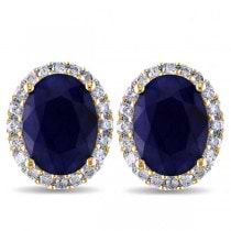 Oval Blue Sapphire & Halo Diamond Stud Earrings 14k Yellow Gold 5.70ct